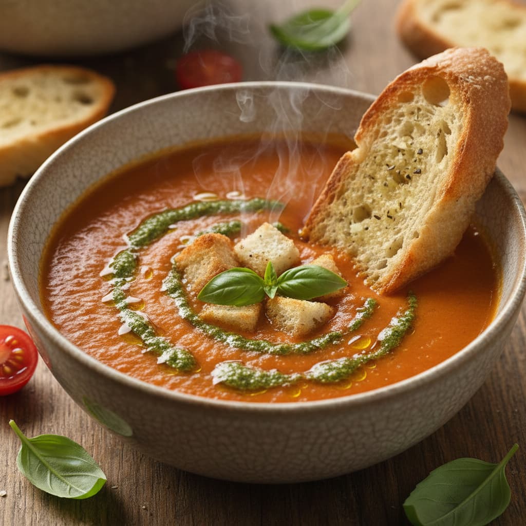 Domowa zupa pomidorowa ze świeżą bazylią
